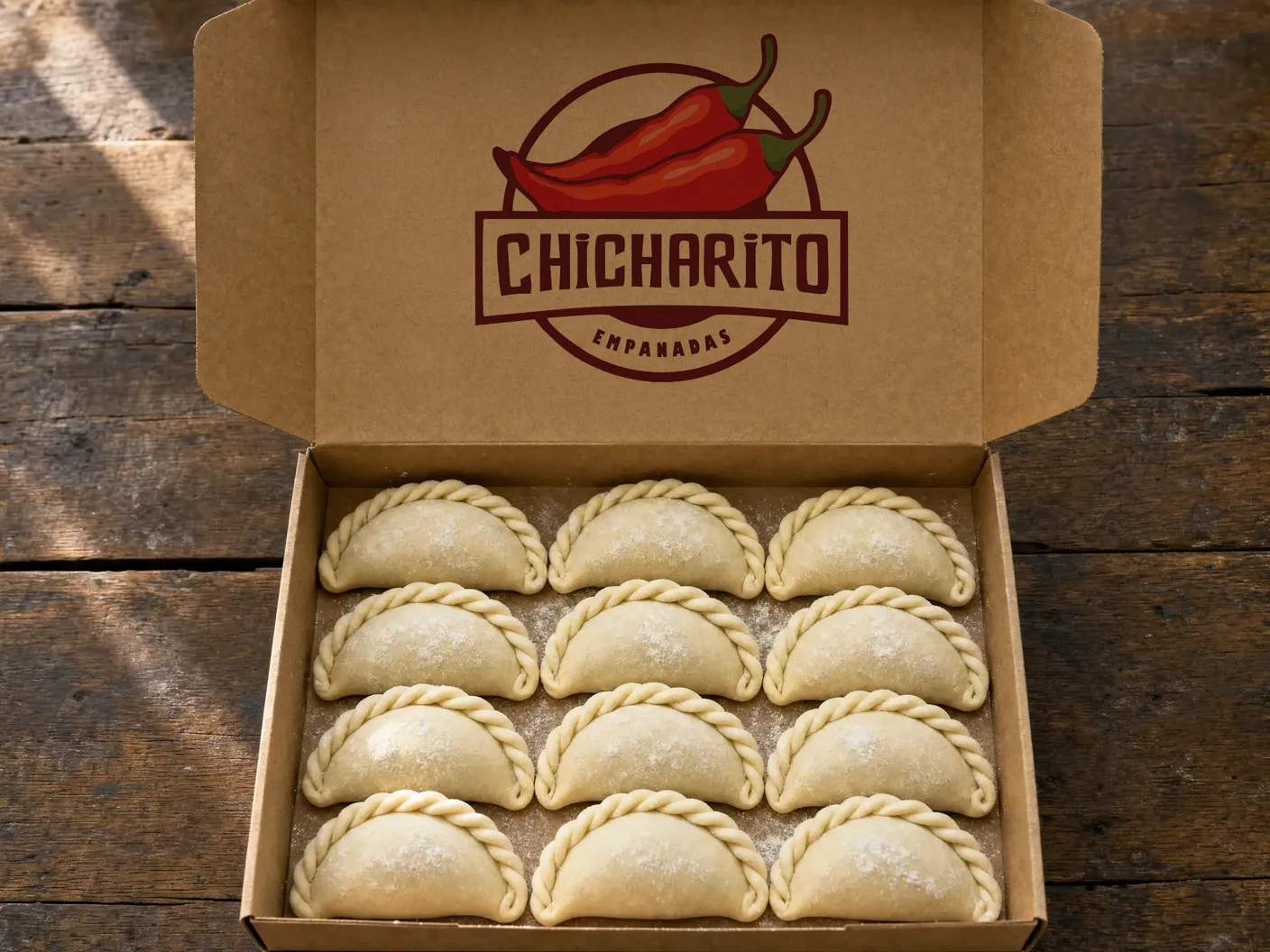 Caja kraft de Chicharito abierta con doce empanadas crudas de repulgue artesanal