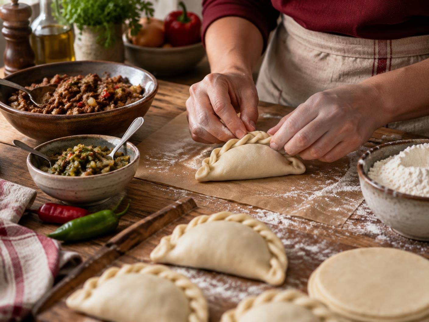 Manos haciendo el repulgue trenzado de una empanada artesanal